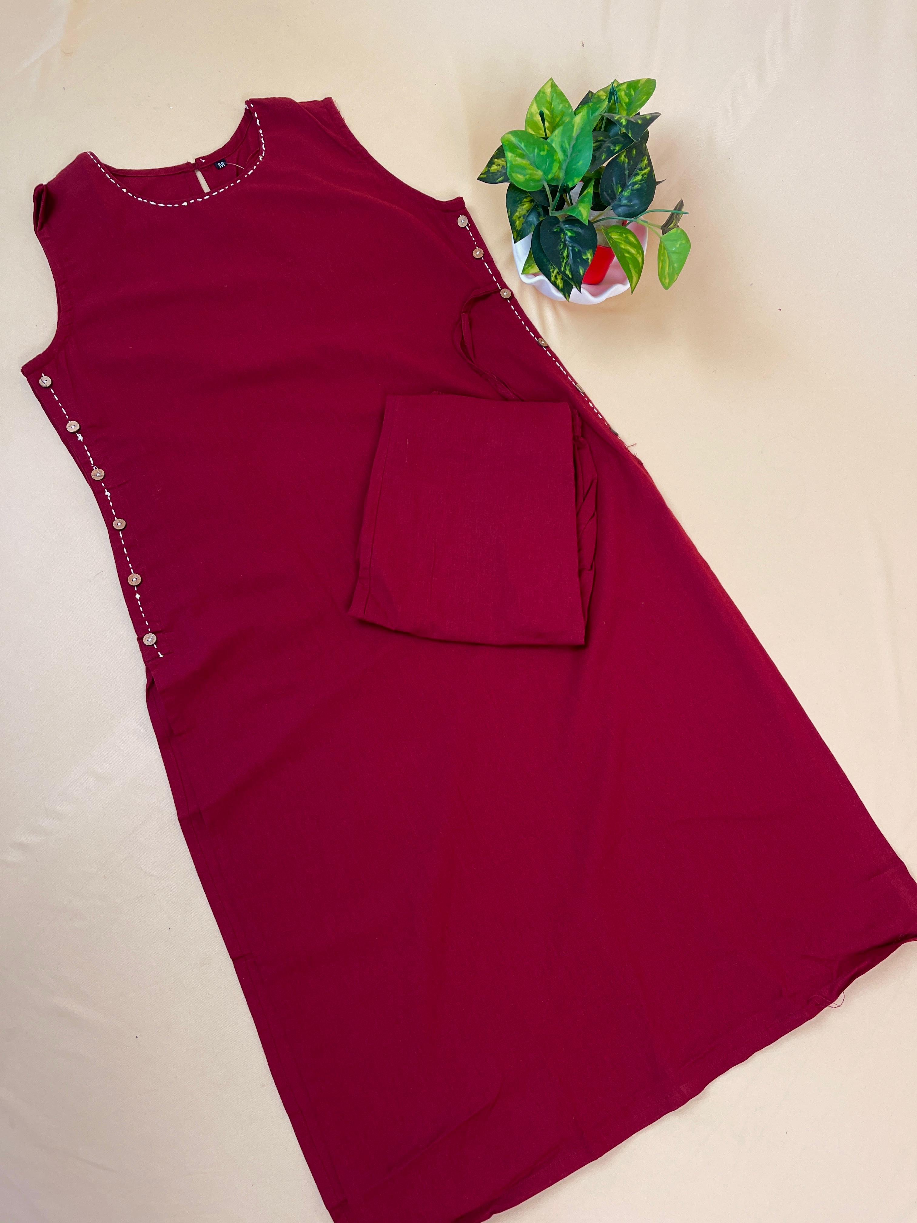 Solid Maroon Co-ord Set with Side Button Detailing