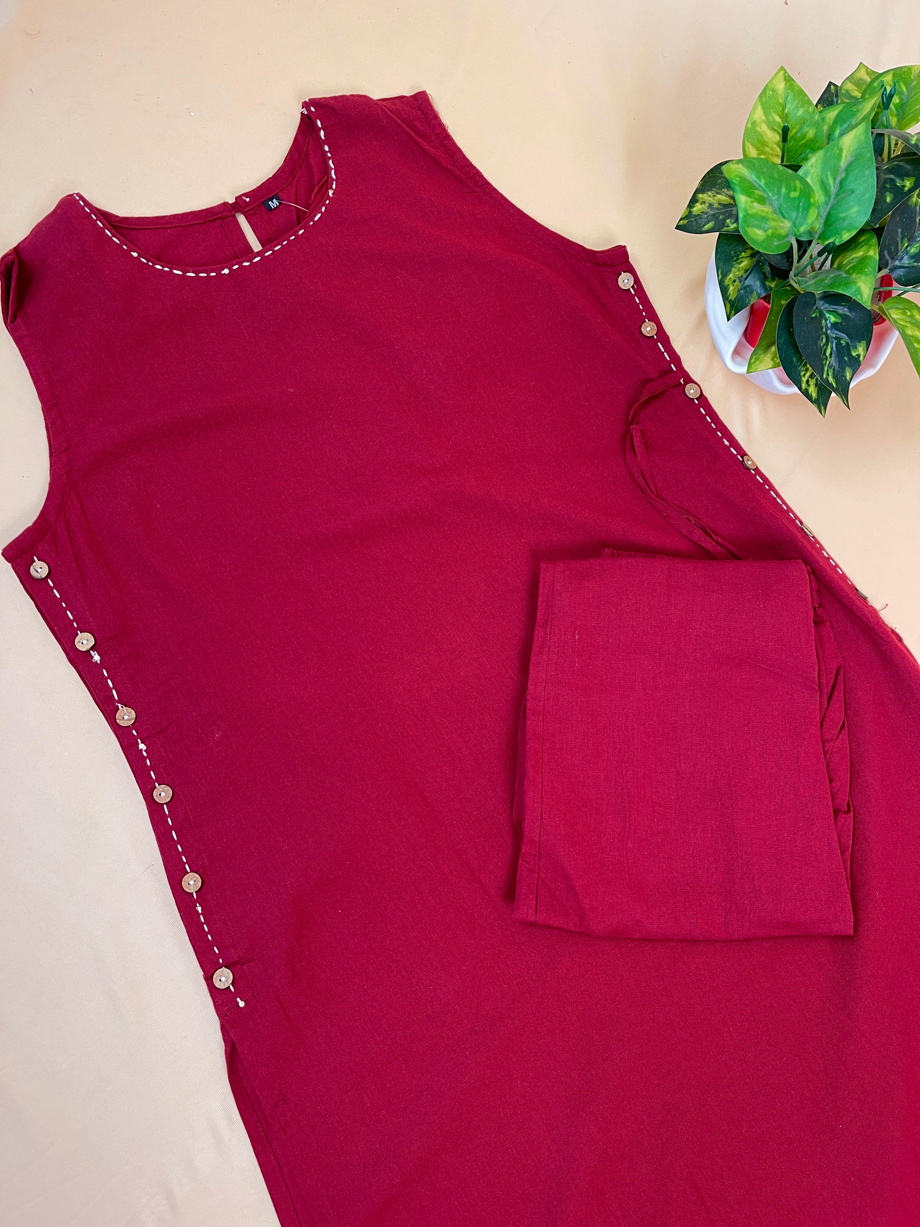 Solid Maroon Co-ord Set with Side Button Detailing