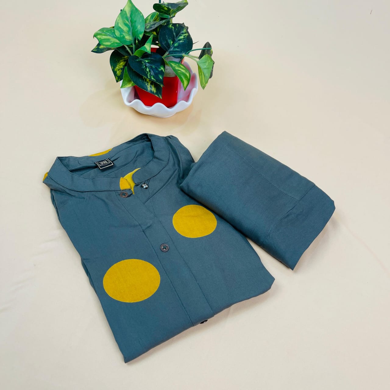 Olive Green With Mustard Yellow Polka 2 Piece Set