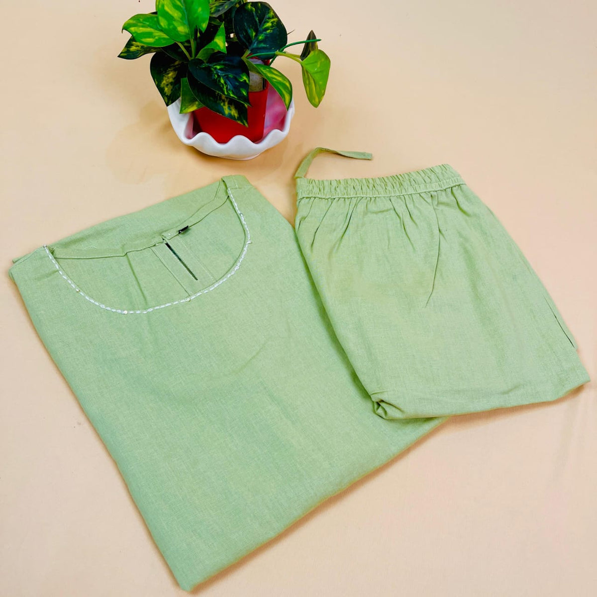 Pastel Green Button Plain Co-ord Set (Sleeves Attached) - SU 338