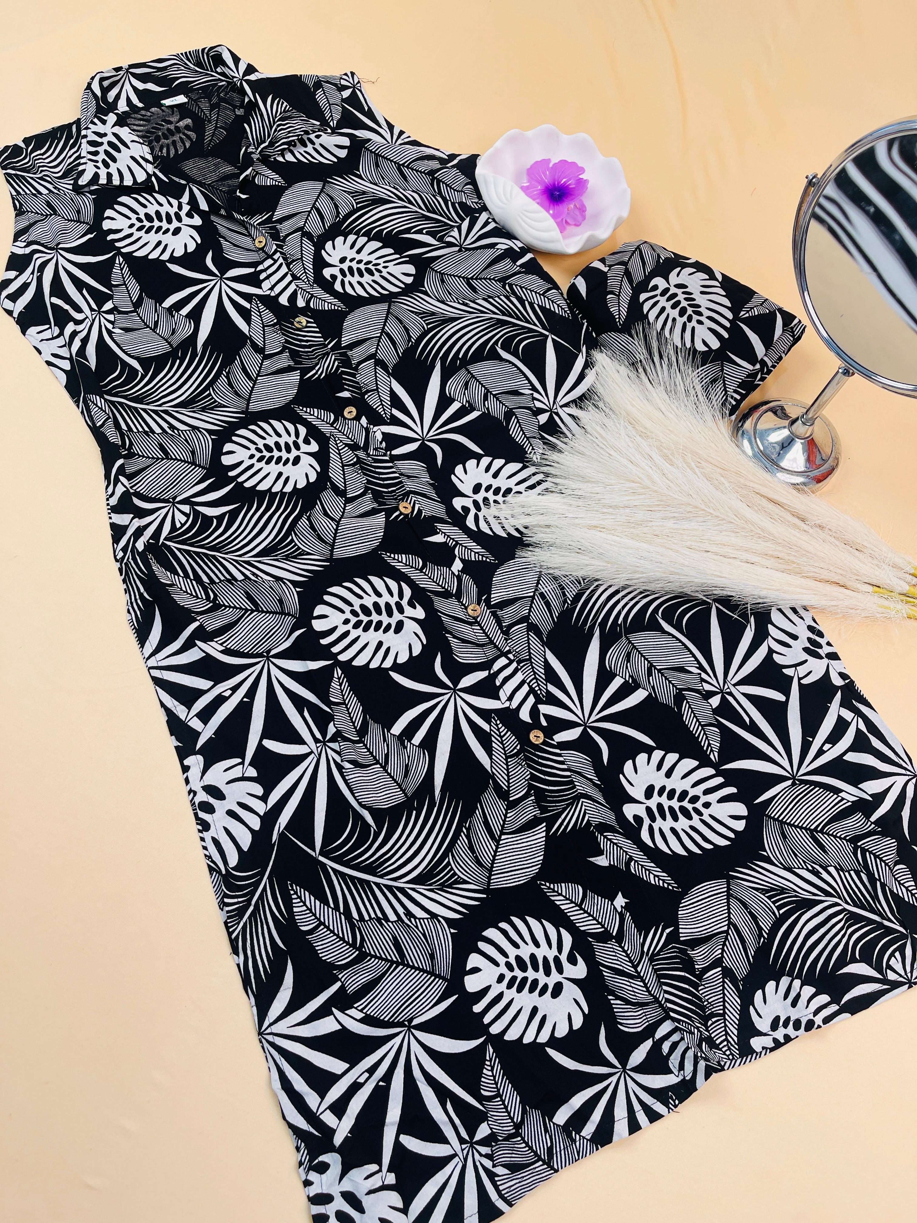Black With Full Thick Tropicak White Leaves Co-ord Set (1/2 sleeves attached)