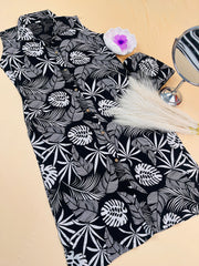 Black With Full Thick Tropicak White Leaves Co-ord Set (1/2 sleeves attached)