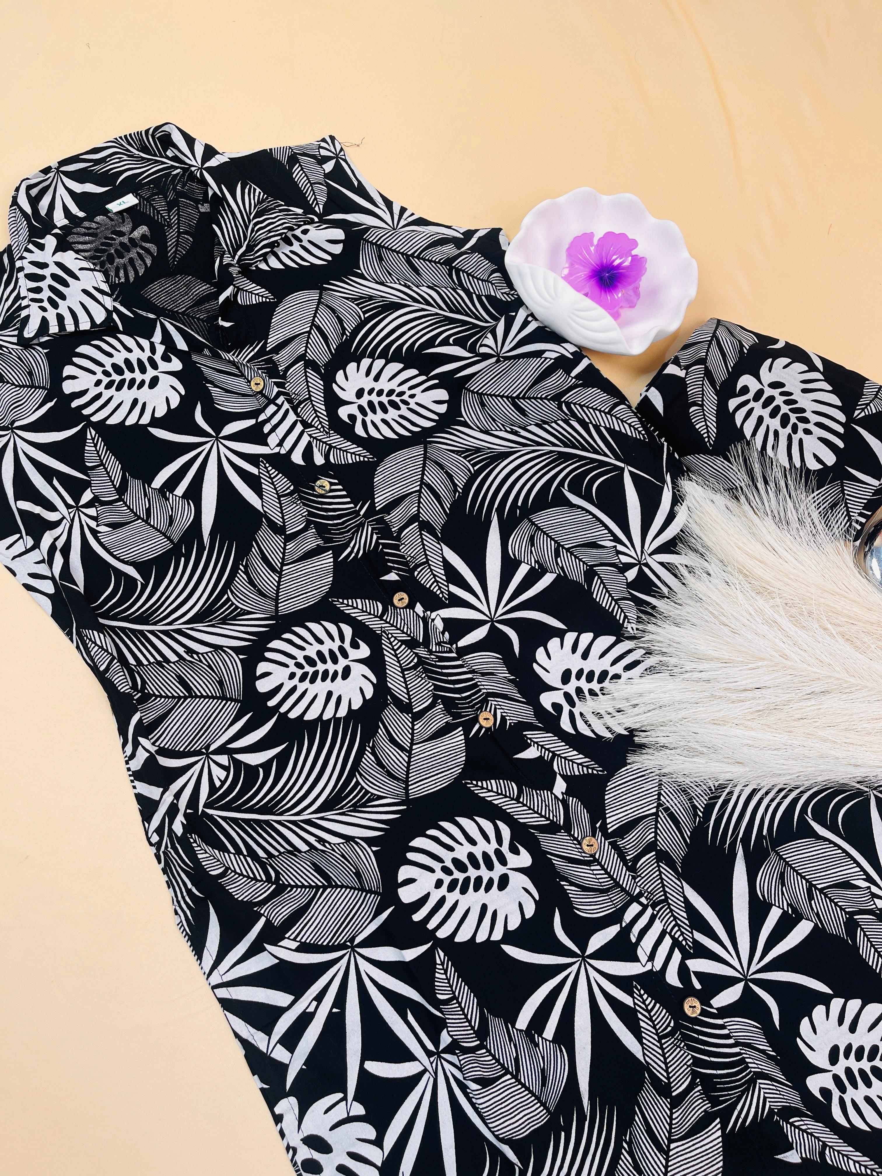 Black With Full Thick Tropicak White Leaves Co-ord Set (1/2 sleeves attached)