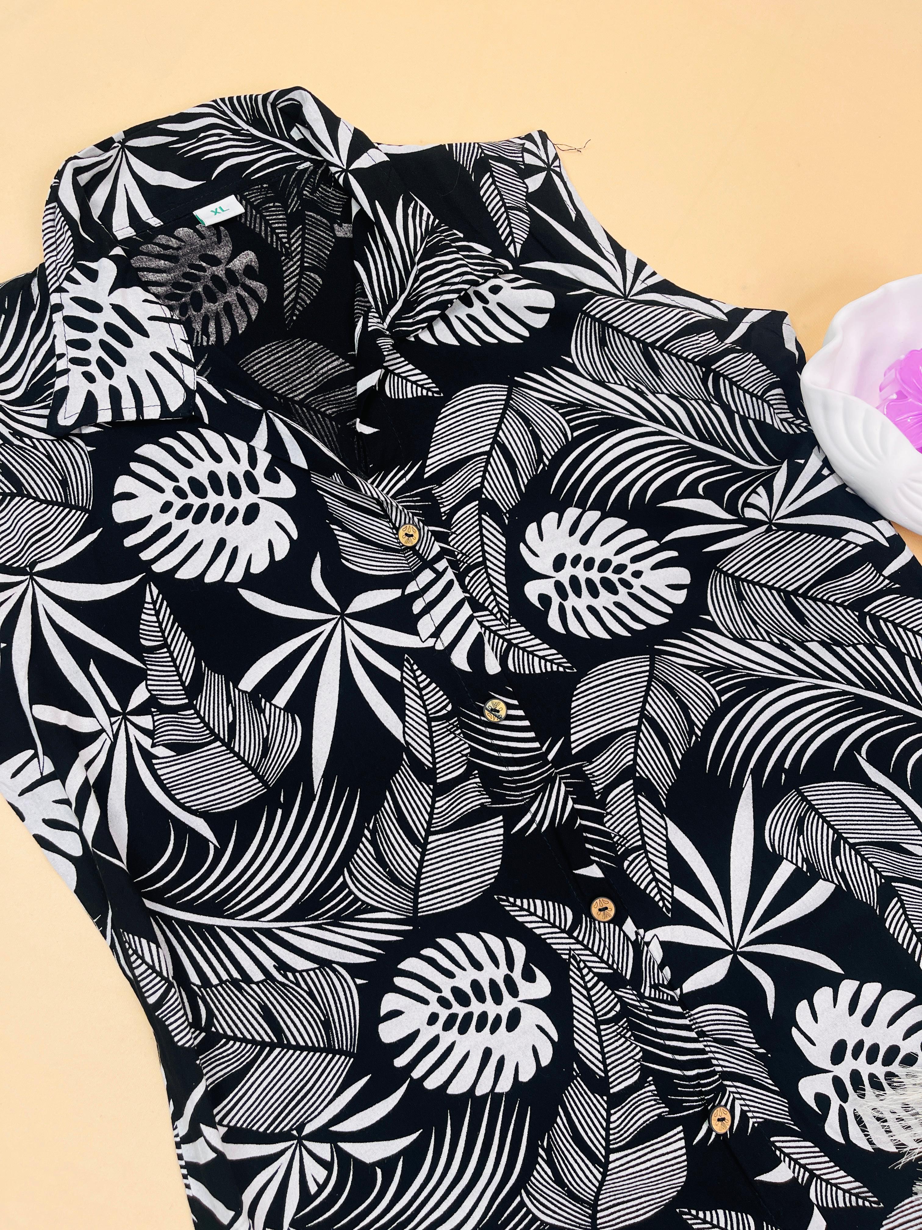 Black With Full Thick Tropicak White Leaves Co-ord Set (1/2 sleeves attached)