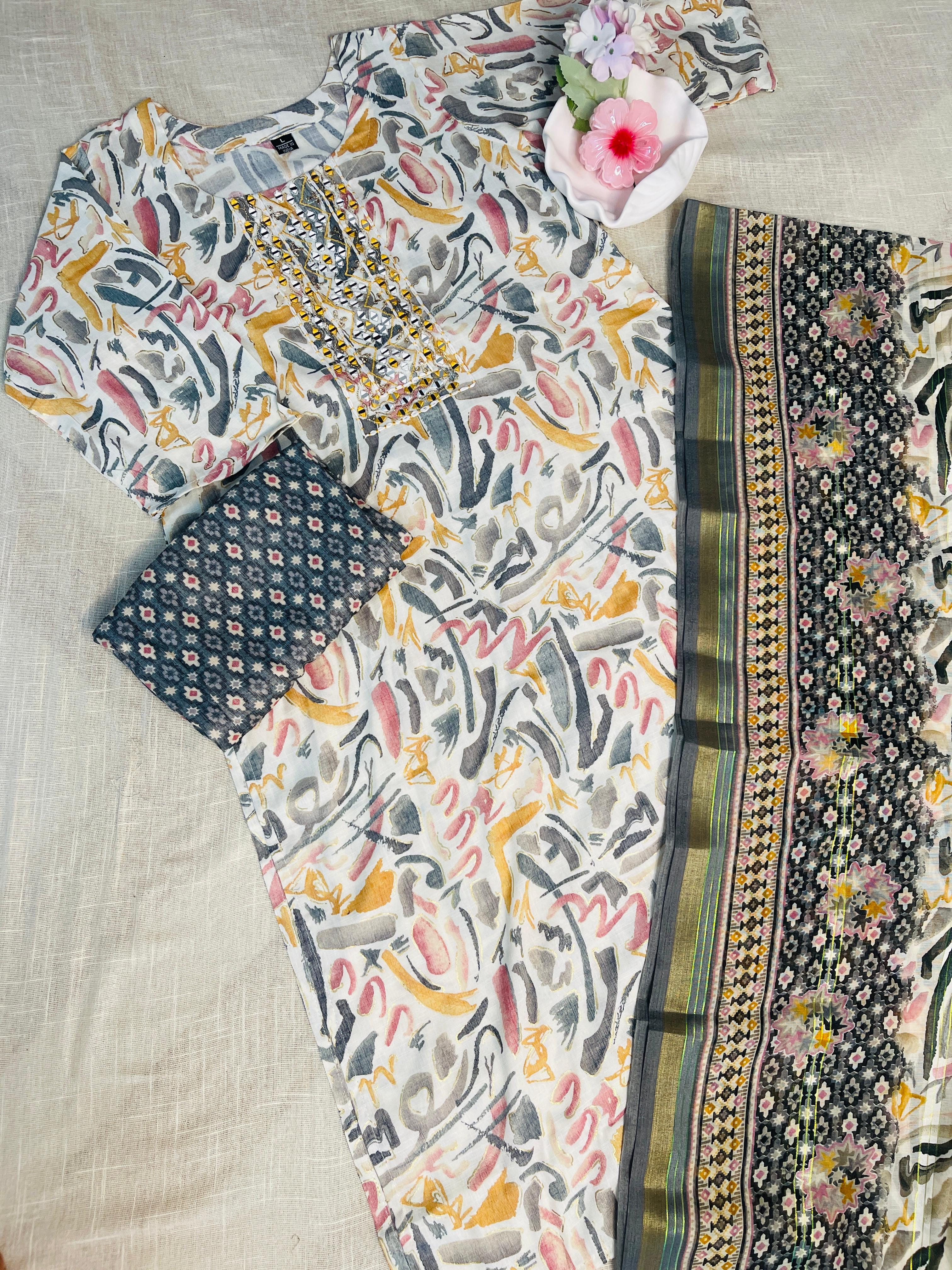 Off White With Grey And Rose Floral Printed 3 Piece Set