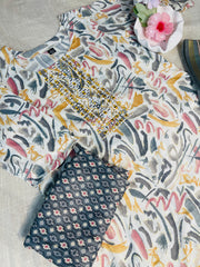 Off White With Grey And Rose Floral Printed 3 Piece Set