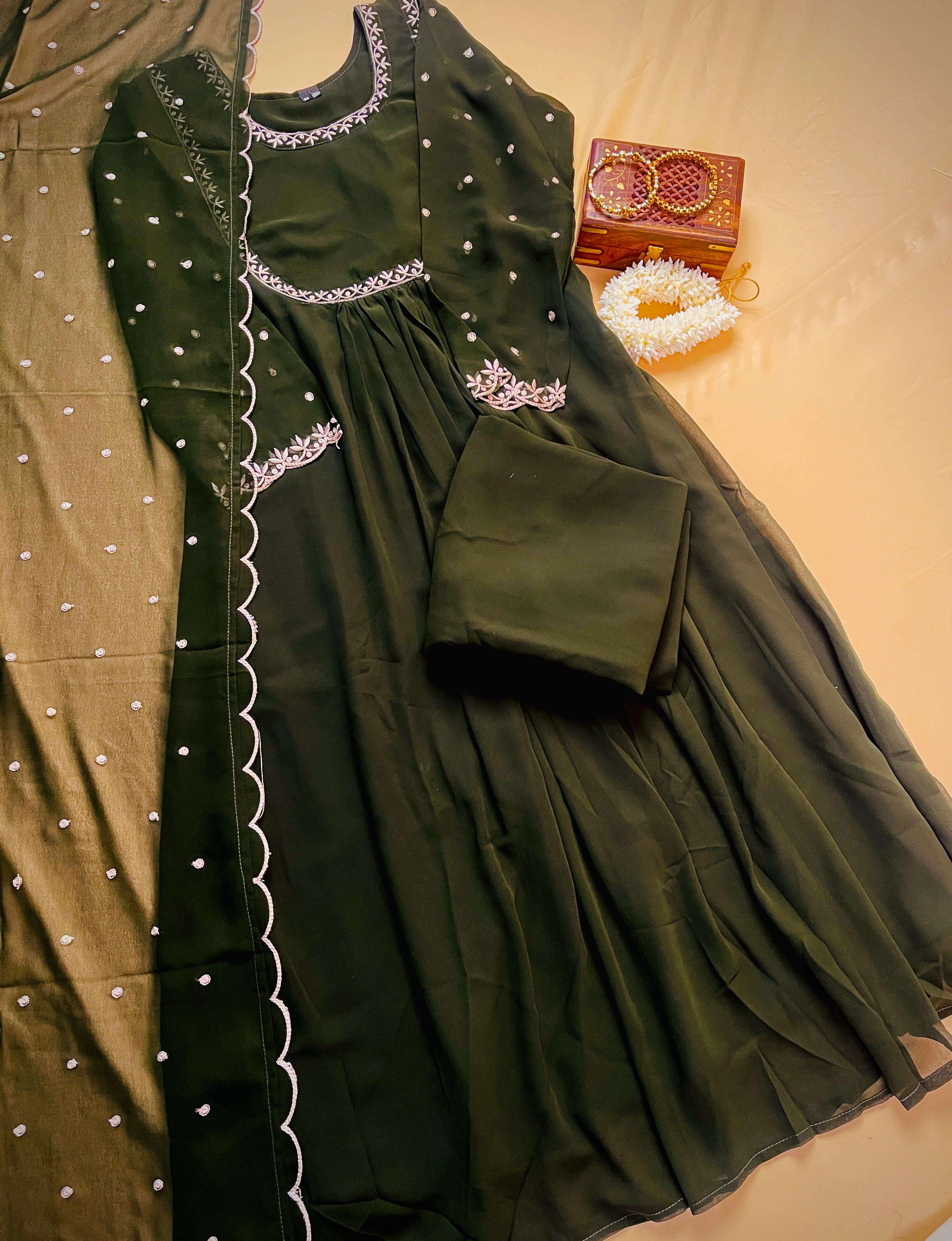 Elegant Dark Green Embroidered  Anarkali Set