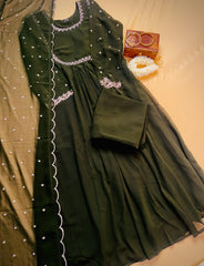 Elegant Dark Green Embroidered  Anarkali Set