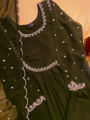 Elegant Dark Green Embroidered  Anarkali Set