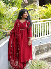Elegant  Maroon Embroidered Anarkali  Kurti Set