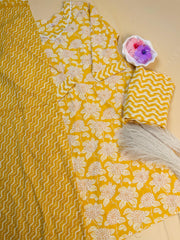Yellow V Neck Work 3 Piece Kurthi Set