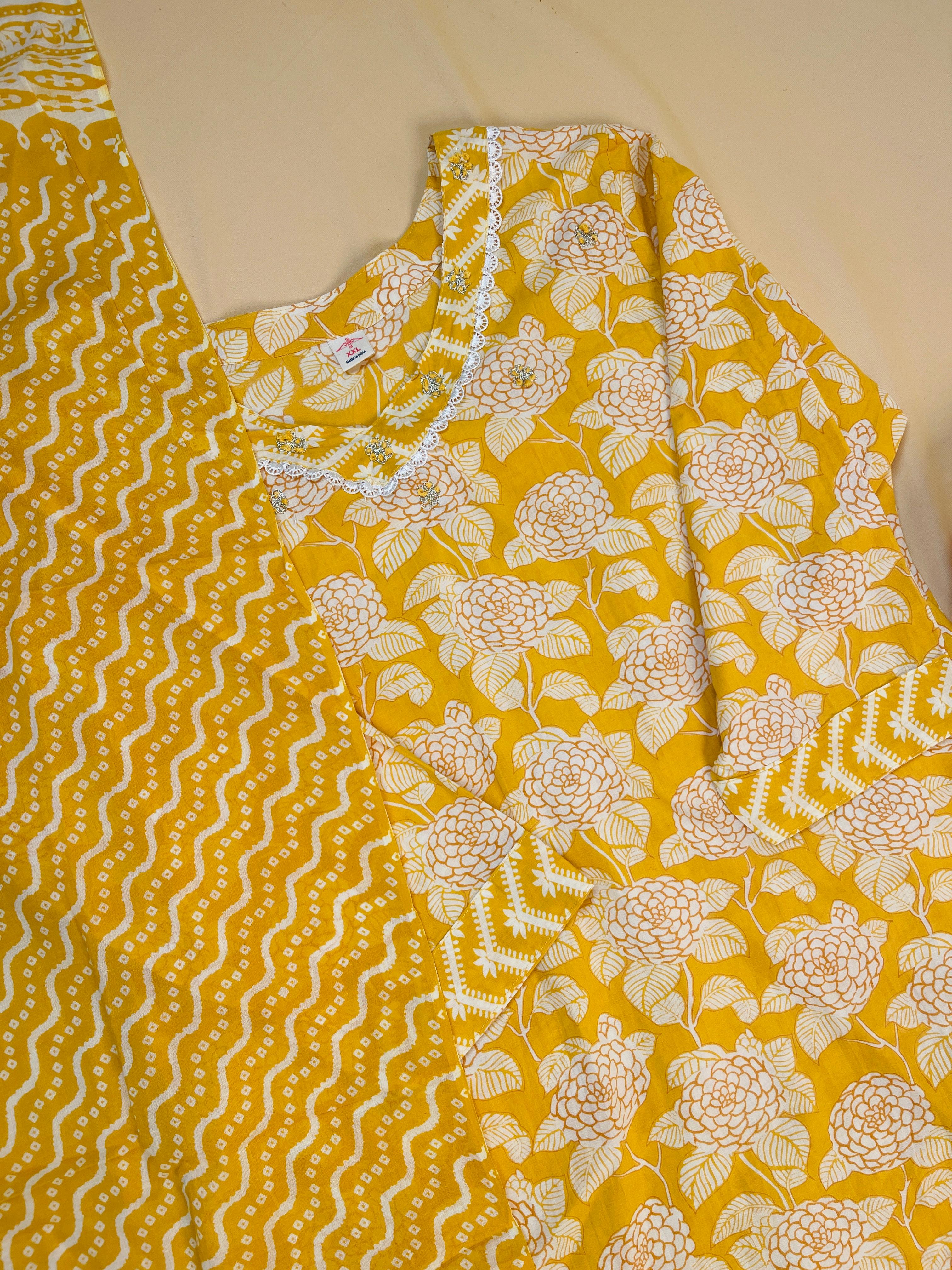 Yellow V Neck Work 3 Piece Kurthi Set