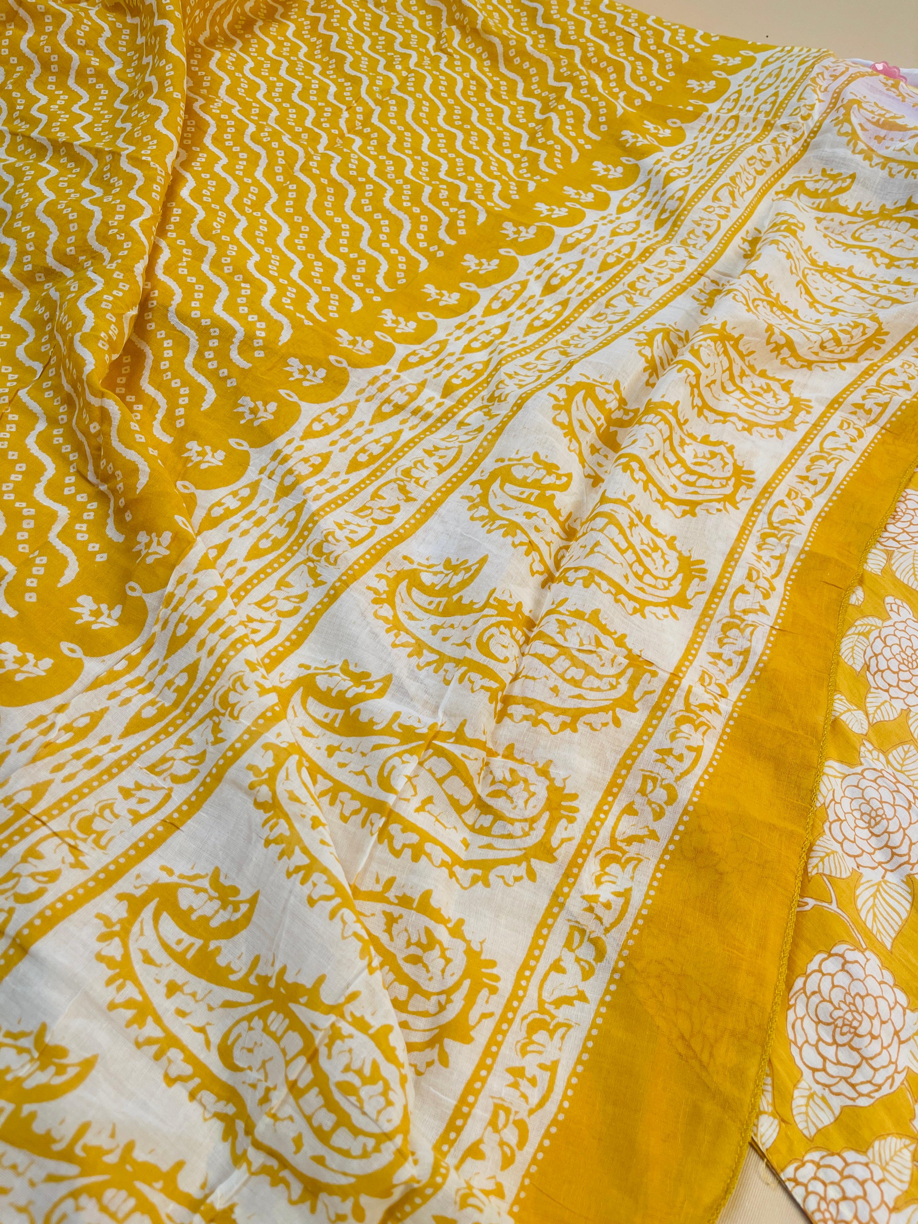 Yellow V Neck Work 3 Piece Kurthi Set