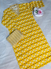 Yellow Kurthi Top with Brown White Print Pants