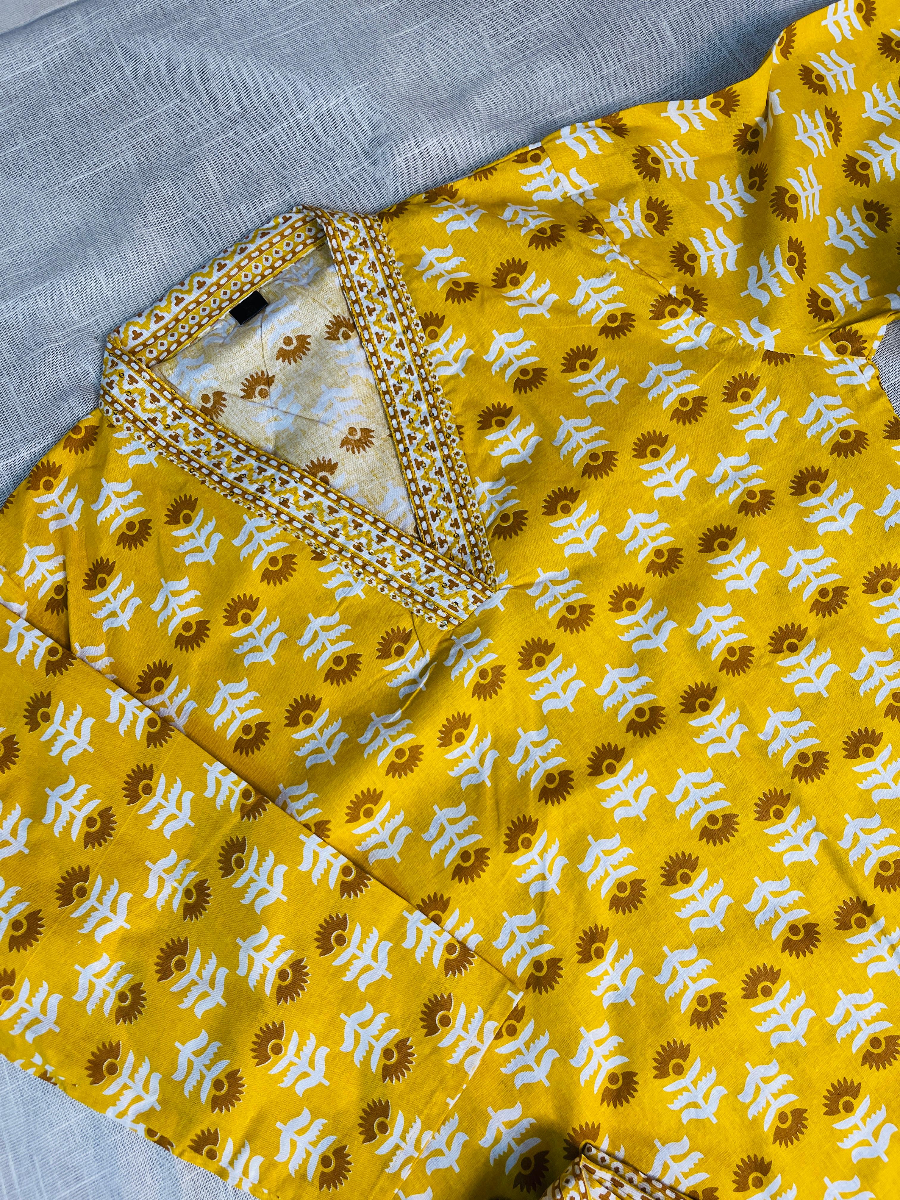 Yellow Kurthi Top with Brown White Print Pants