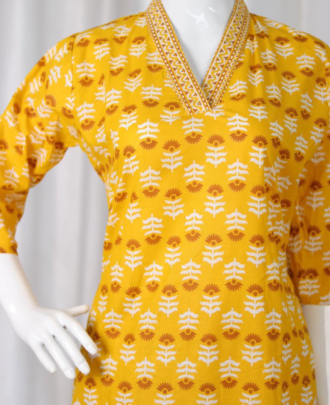 Yellow Kurthi Top with Brown White Print Pants