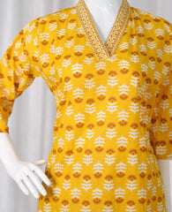 Yellow Kurthi Top with Brown White Print Pants