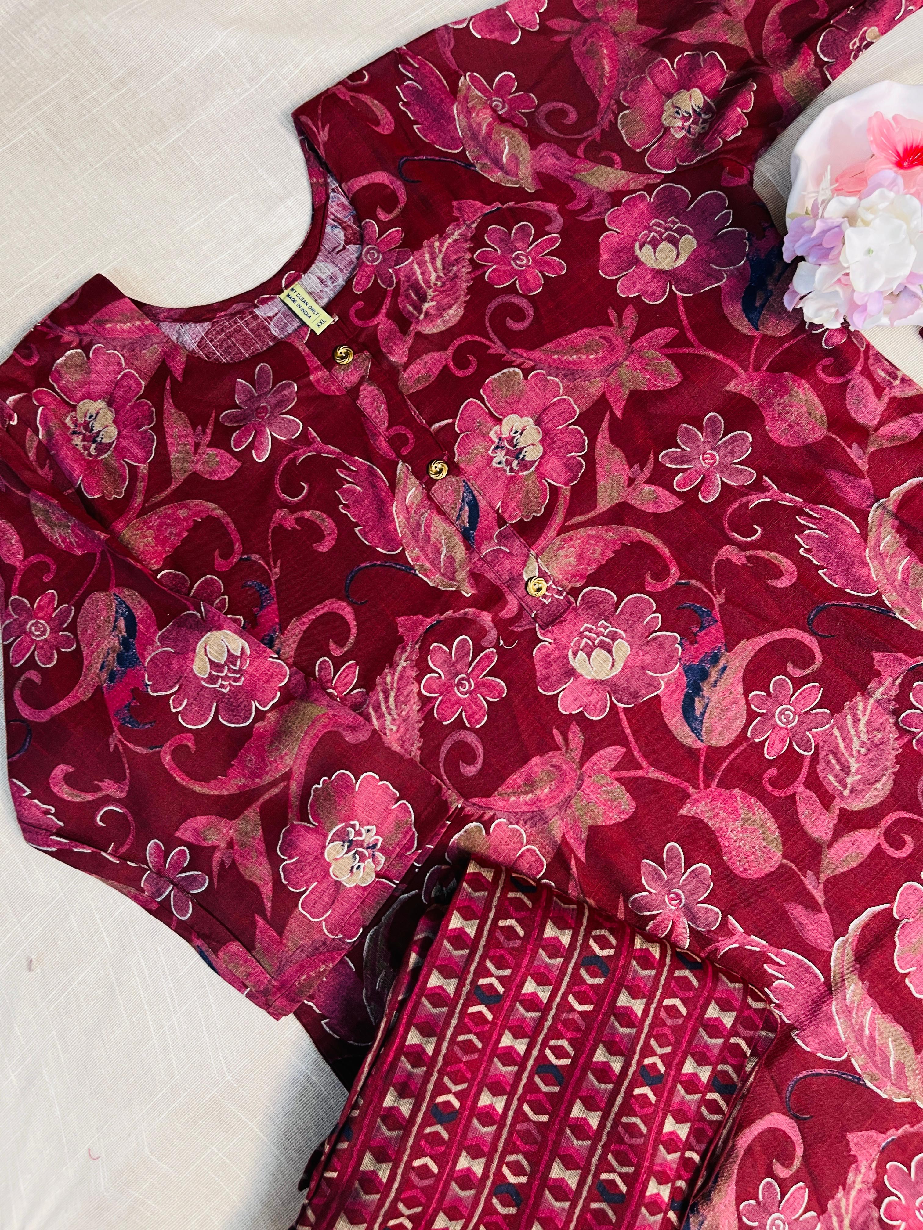 Wine  Red Floral Printed Cotton Kurti Set with Dupatta