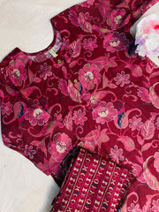Wine  Red Floral Printed Cotton Kurti Set with Dupatta