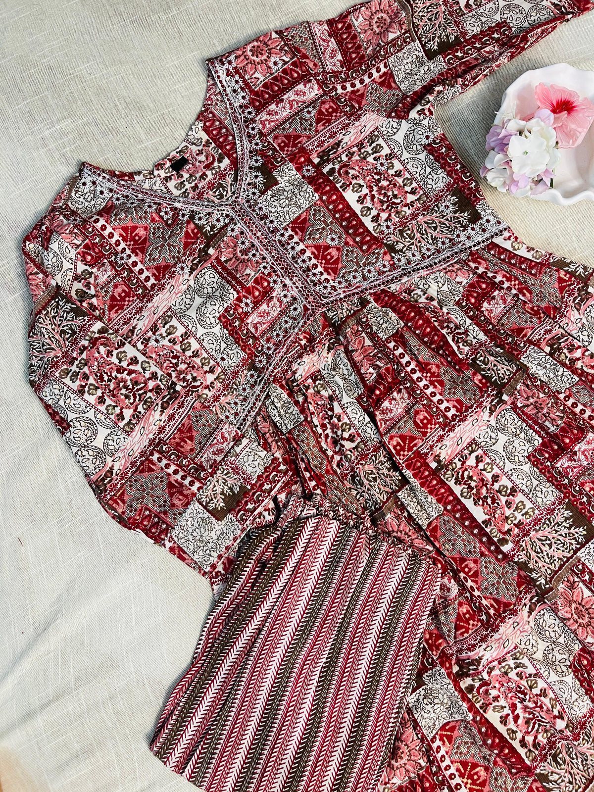 RED ALIA CUT WITH V NECK MIRRIOR WORK