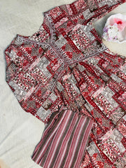 RED ALIA CUT WITH V NECK MIRRIOR WORK