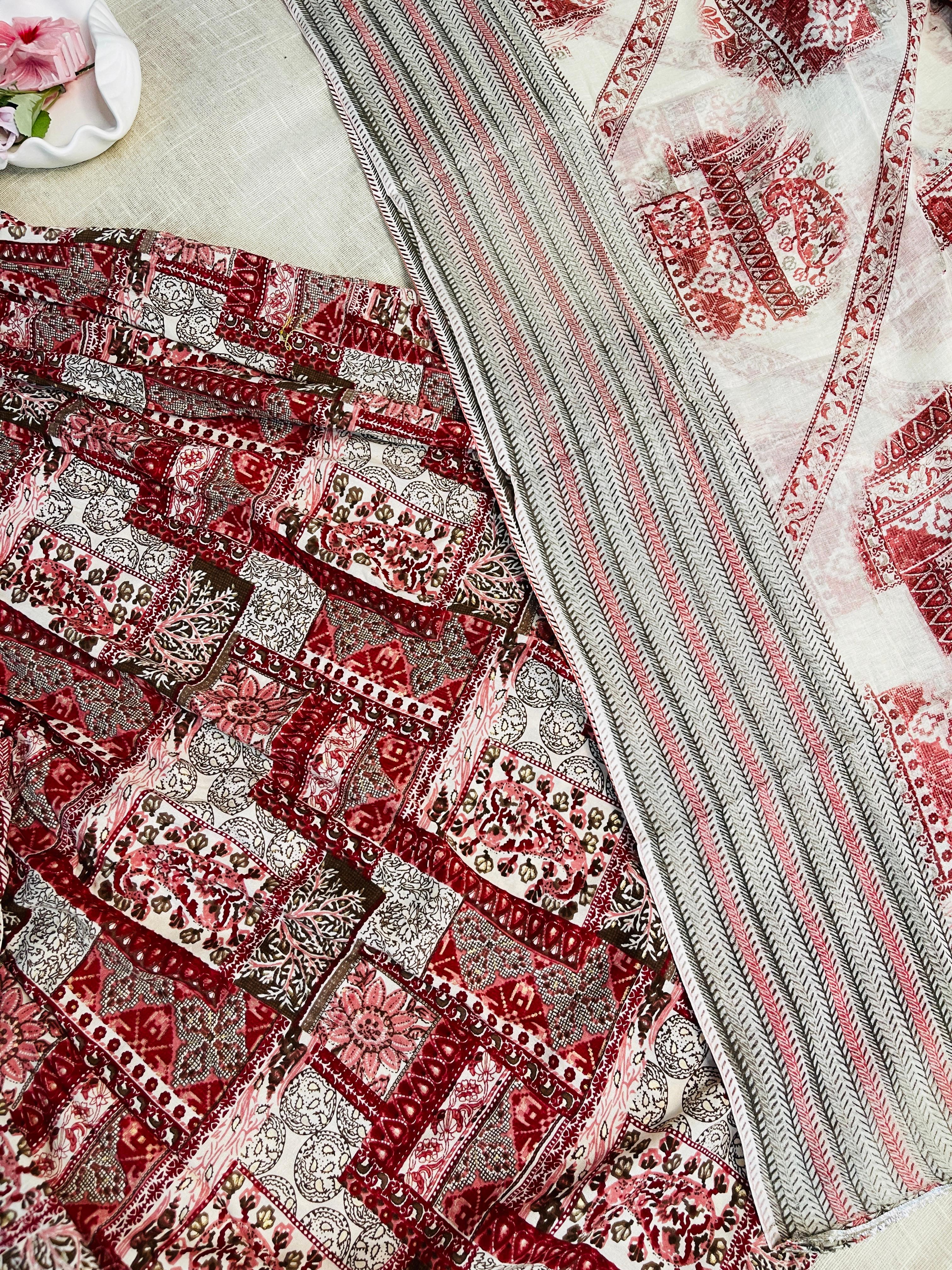 RED ALIA CUT WITH V NECK MIRRIOR WORK