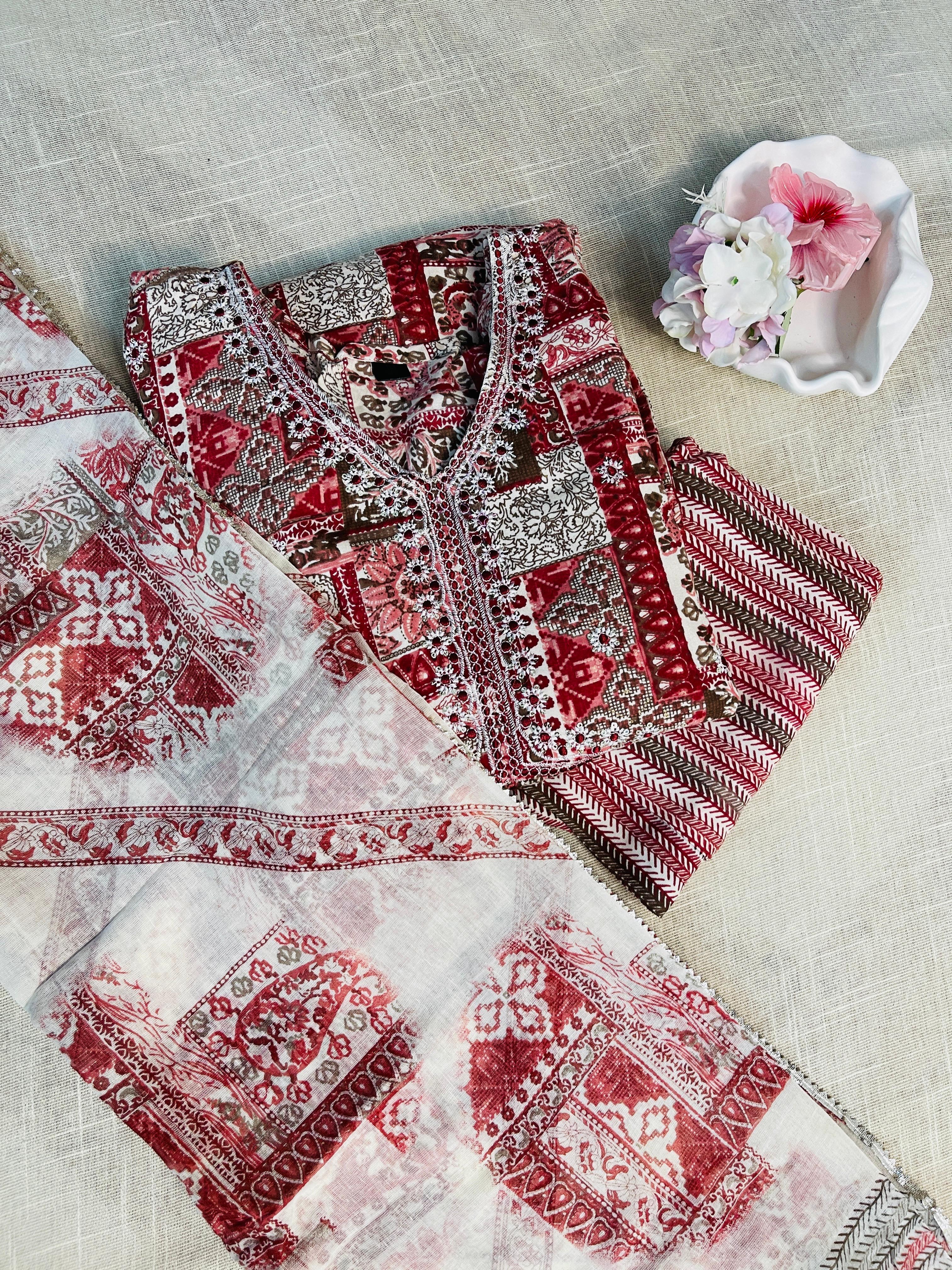 RED ALIA CUT WITH V NECK MIRRIOR WORK