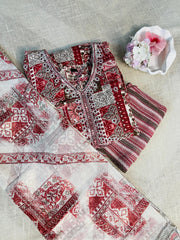 RED ALIA CUT WITH V NECK MIRRIOR WORK