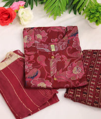 Wine  Red Floral Printed Cotton Kurti Set with Dupatta