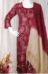 Wine  Red Floral Printed Cotton Kurti Set with Dupatta