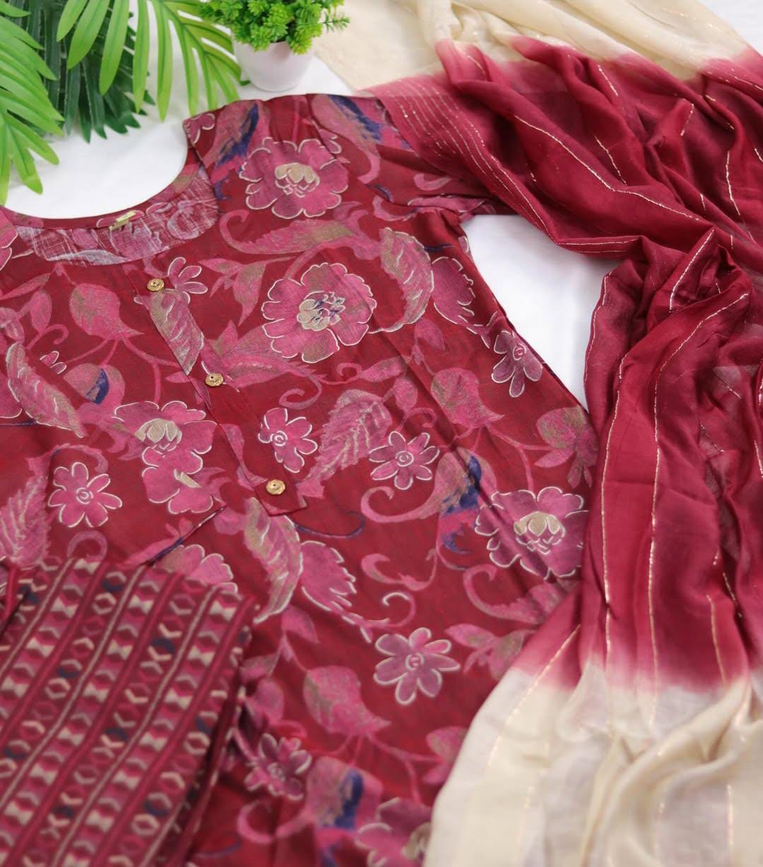 Wine  Red Floral Printed Cotton Kurti Set with Dupatta