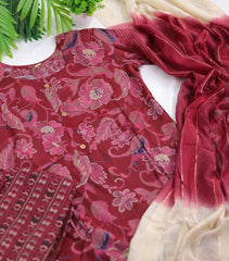 Wine  Red Floral Printed Cotton Kurti Set with Dupatta