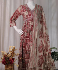 RED ALIA CUT WITH V NECK MIRRIOR WORK