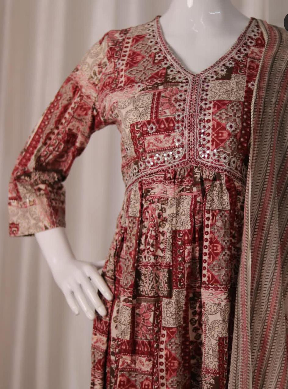 RED ALIA CUT WITH V NECK MIRRIOR WORK