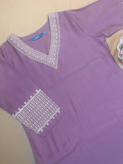 PURPLE GREY  V -NECK KURTHI TOP WITH STONE WORK (SU 161)