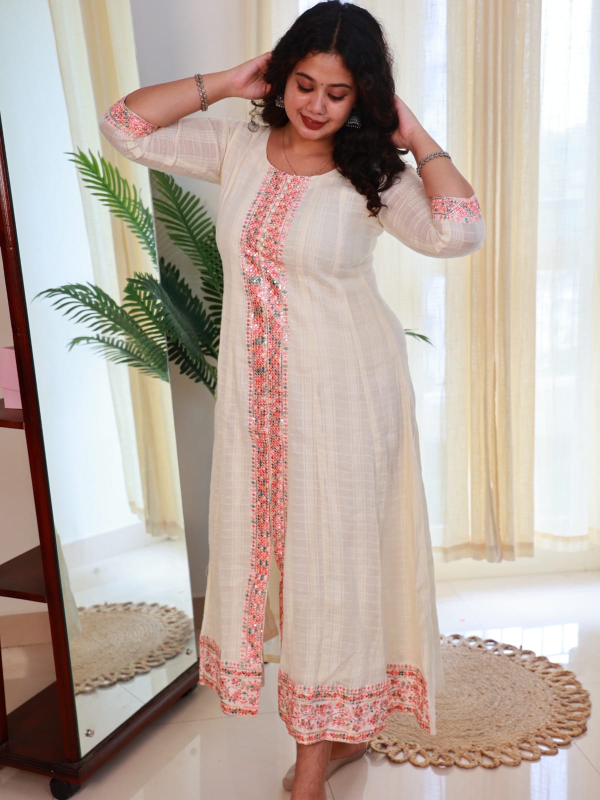 OFF WHITE PARALLEL EMBROIDERY WORK FULL GOWN  - SU 387