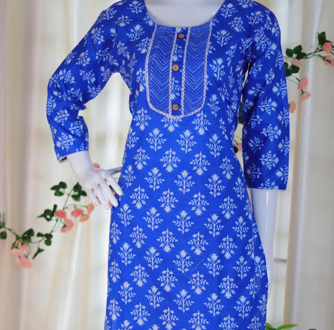 BLUE WITH WHITE PRINT DAILY WEAR KURTHA SET  (SU 234)