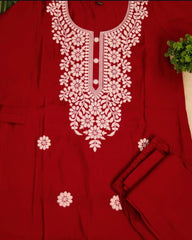 DARK RED CHIKANKARI KURTHA TOP & PANTS (SU 156)