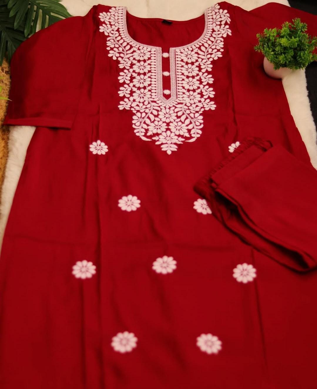 DARK RED CHIKANKARI KURTHA TOP & PANTS (SU 156)