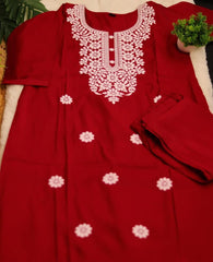 DARK RED CHIKANKARI KURTHA TOP & PANTS (SU 156)