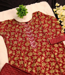 RED KURTHI WITH SAND FLOWER & PANTS (SU 166)