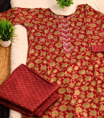 RED KURTHI WITH SAND FLOWER & PANTS (SU 166)