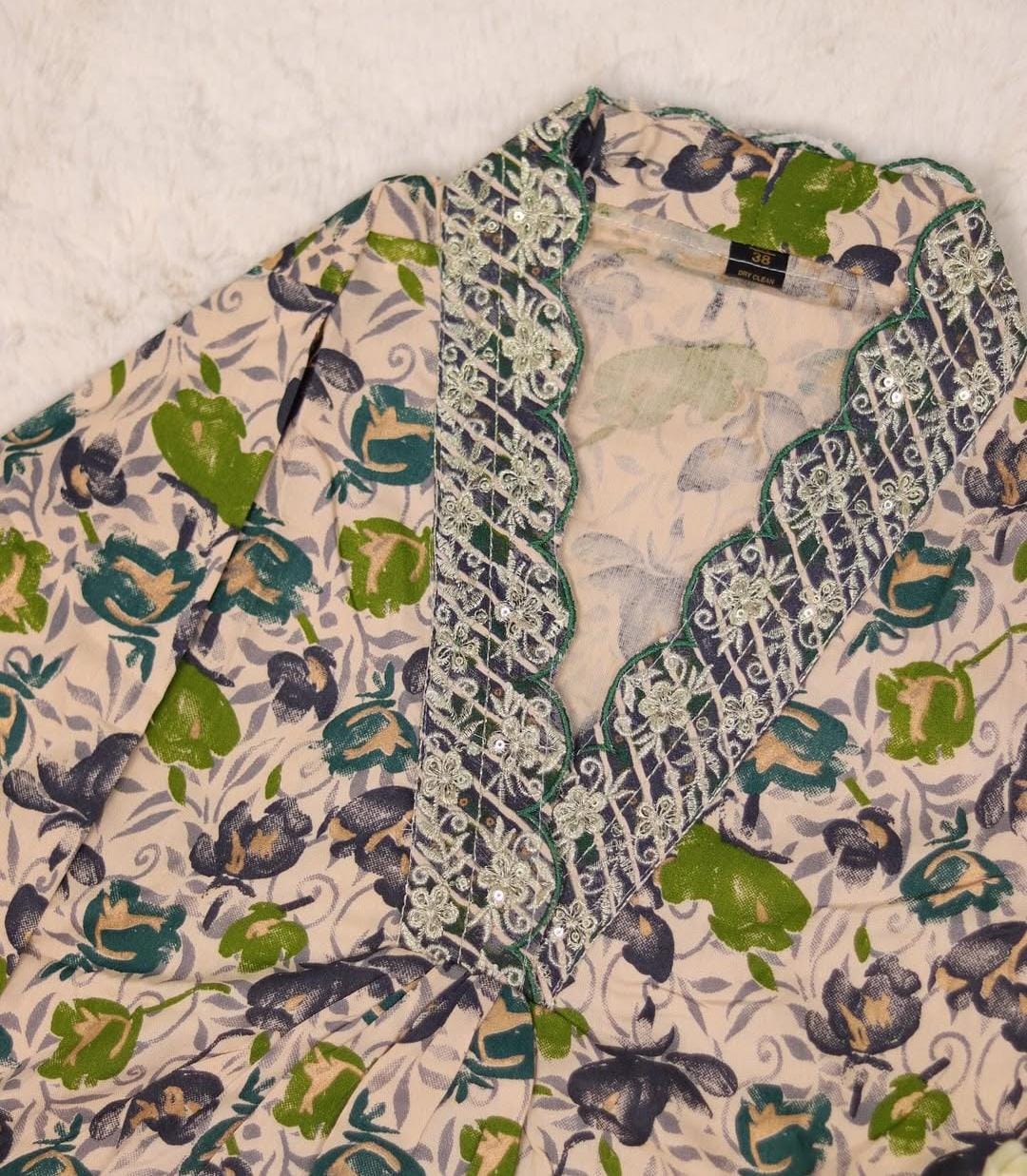 CREAM KURTHA SET WITH GREEN , BLUE FLORAL PRINTS  (SU 154)