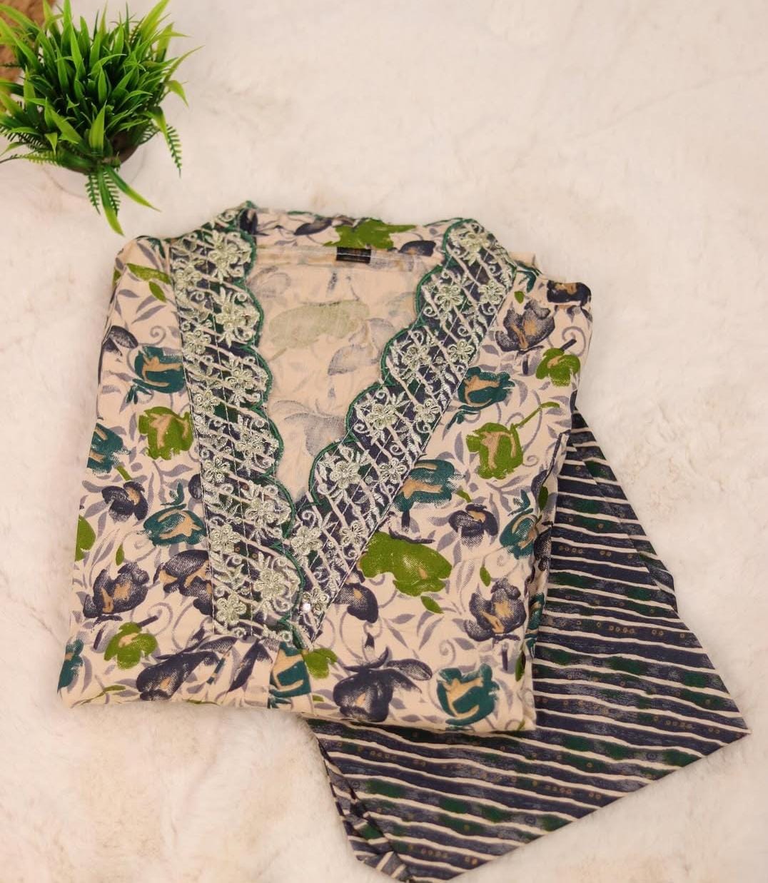 CREAM KURTHA SET WITH GREEN , BLUE FLORAL PRINTS  (SU 154)