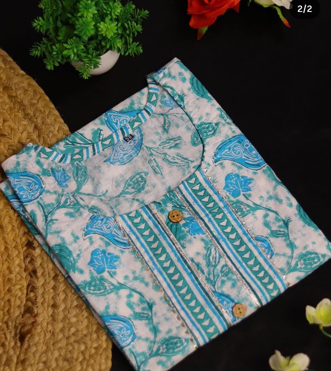 WHITE KURTI SET WITH BLUE GREEN PRINT AND FRONT BUTTON (SU 183)