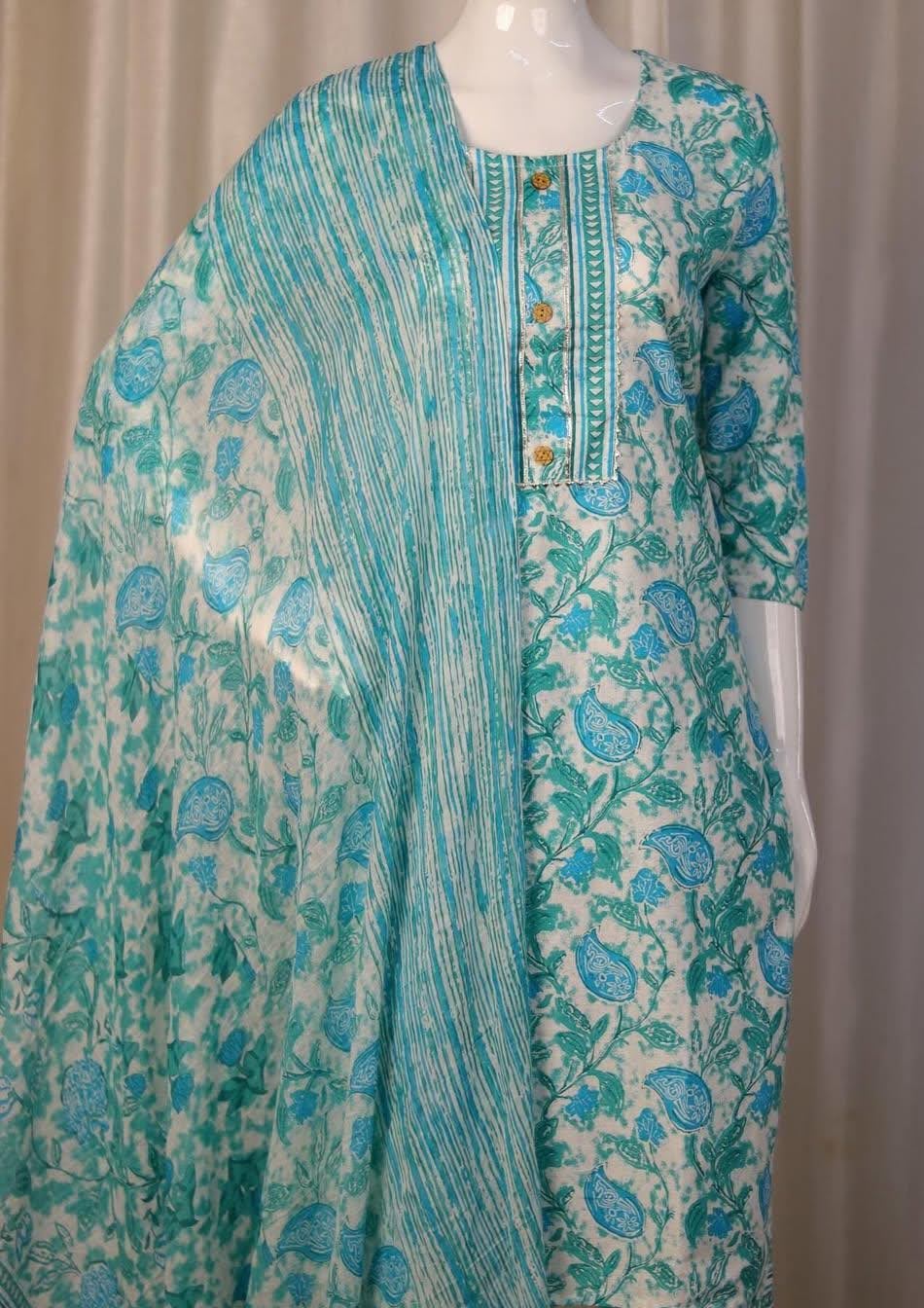 WHITE KURTI SET WITH BLUE GREEN PRINT AND FRONT BUTTON (SU 183)