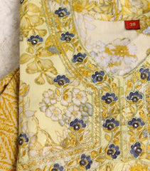 LIGHT YELLOW ALIA CUT WITH BLUE FLORAL WORK ( SU - 178)