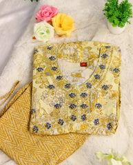 LIGHT YELLOW ALIA CUT WITH BLUE FLORAL WORK ( SU - 178)