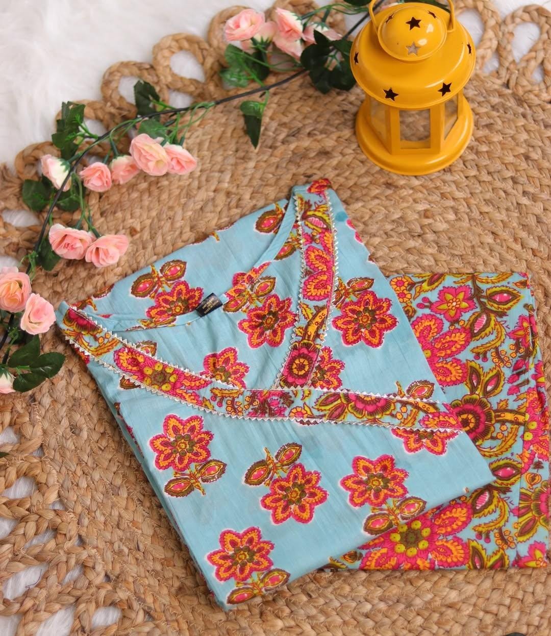 LIGHT BLUE WITH FLORAL PRINT ANGRAKHA KURTHA SET (SU 230)