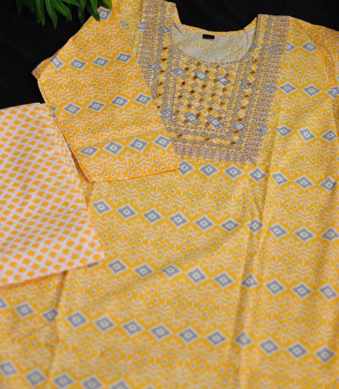 YELLOW KURTHI WITH FRONT MIRROR WORK & PANTS (SU - 202)